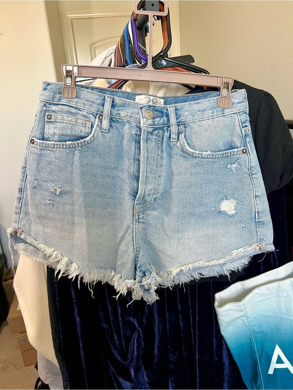 We The Free Light Blue Distressed Denim Jean Shorts with Frayed Hem